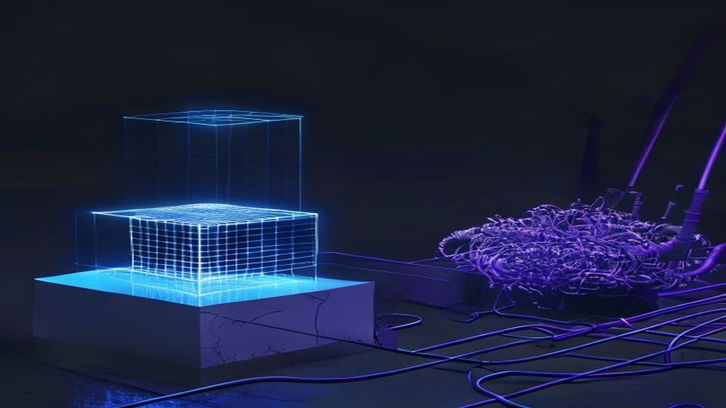 A pristine glowing cube on a pedestal beside the same cube tangled in production integration wiring